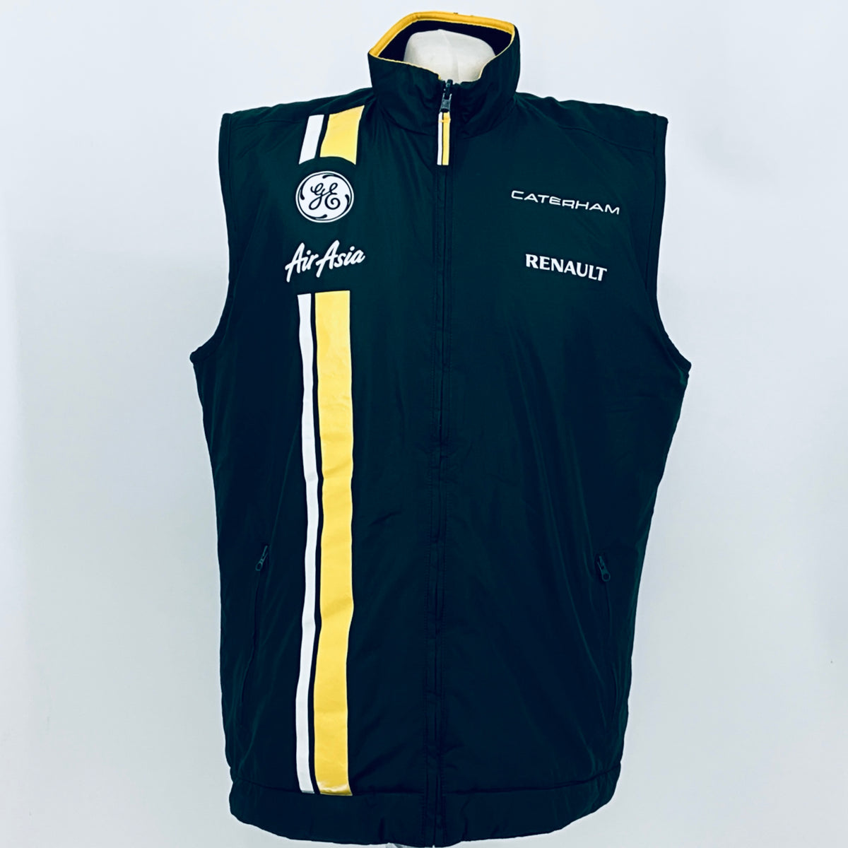 Dark teal sleeveless gilet with hood, full zip, yellow stripe, AirAsia and GE logos