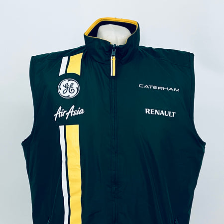 Dark teal hooded gilet with full zip, yellow-white side stripe, CATERHAM and RENAULT