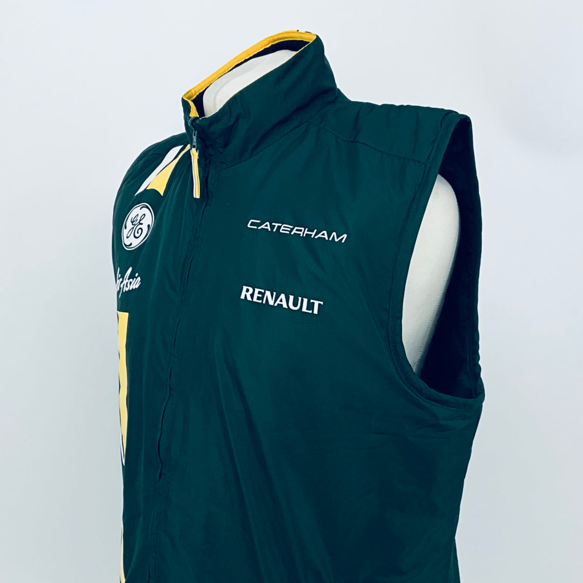 Dark teal hooded gilet with full zip, yellow-trim collar, side stripe, CATERHAM and RENAULT
