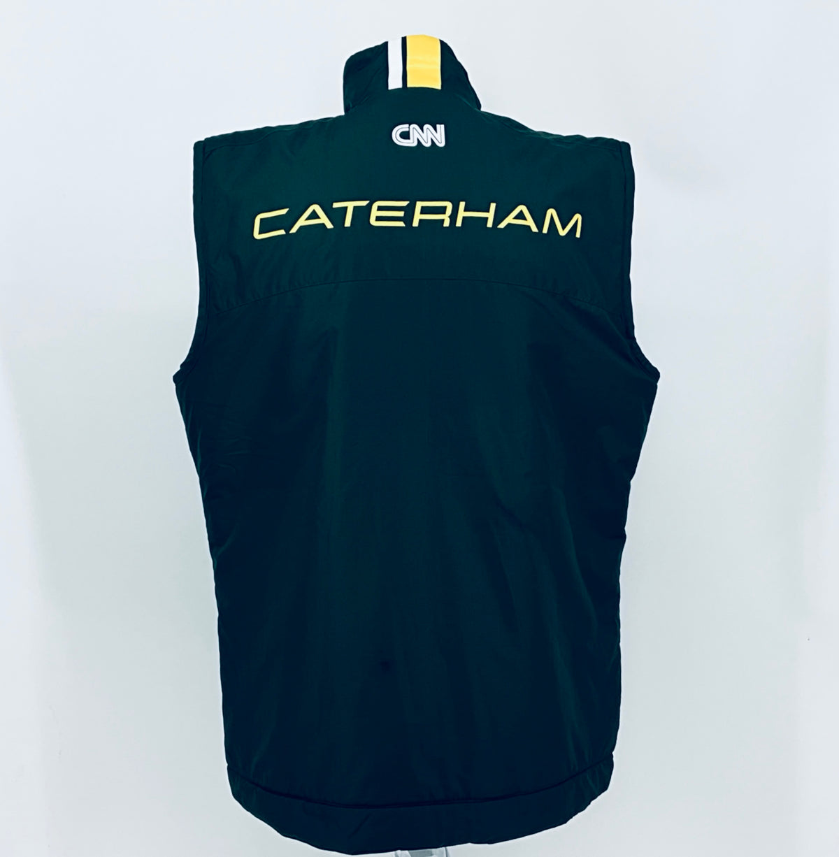 Dark teal gilet back panel with hood, full zip, CATERHAM logo and small CNN mark