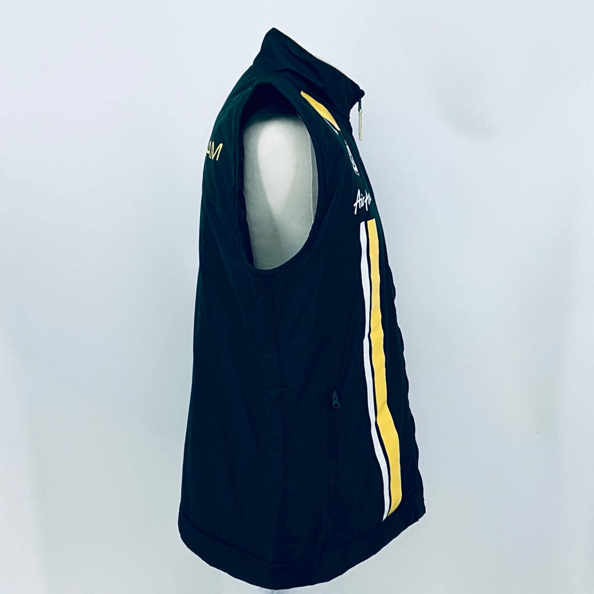 Dark teal sleeveless gilet side view with yellow stripe trim and full-length zipper