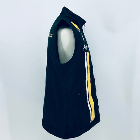 Dark teal sleeveless gilet side view with yellow stripe trim and full-length zipper