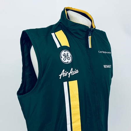 Dark teal hooded gilet front with full zip, AirAsia script, GE emblem, yellow stripe