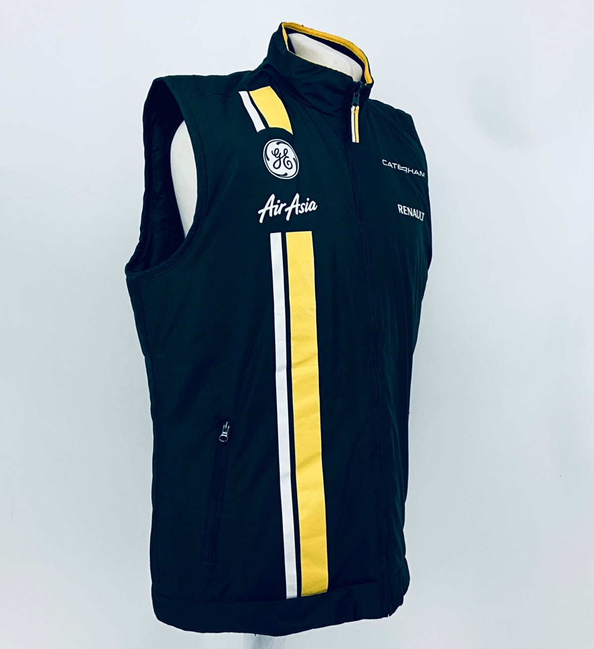 Dark teal sleeveless gilet with hood and full zip, AirAsia logo and yellow vertical stripe