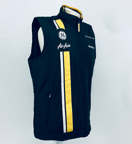 Dark teal sleeveless gilet with hood and full zip, AirAsia logo and yellow vertical stripe
