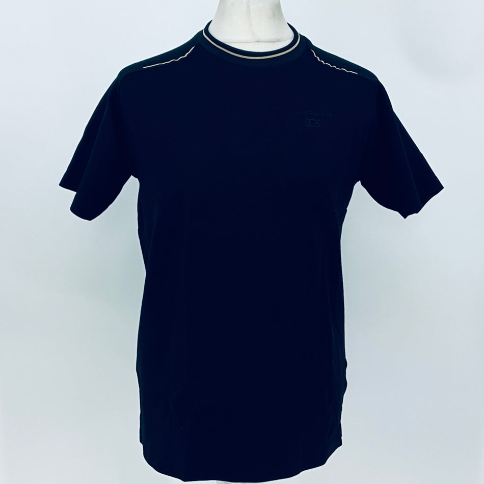 Dark navy crew-neck team T-shirt with contrast collar trim and small chest print