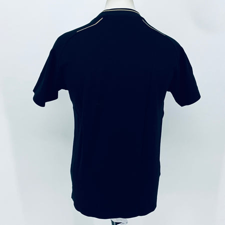 Dark navy crew-neck team T-shirt with contrast collar trim, back view