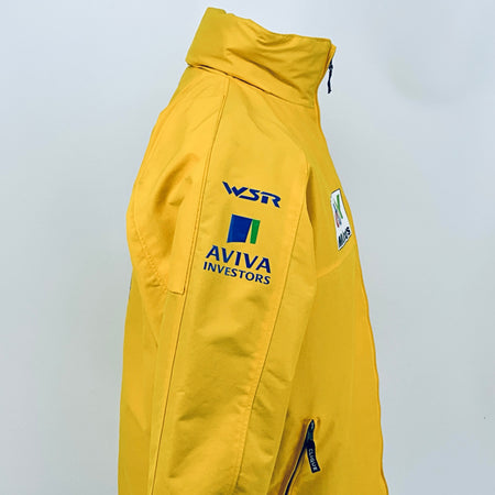 Yellow hooded racing jacket with front zipper and Aviva sponsor logos on back panel.