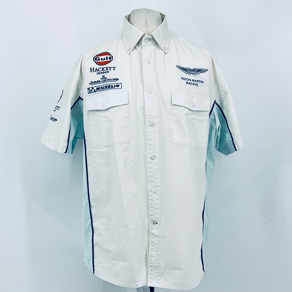 White button-up racing shirt with Gulf and Aston Martin Racing chest patches