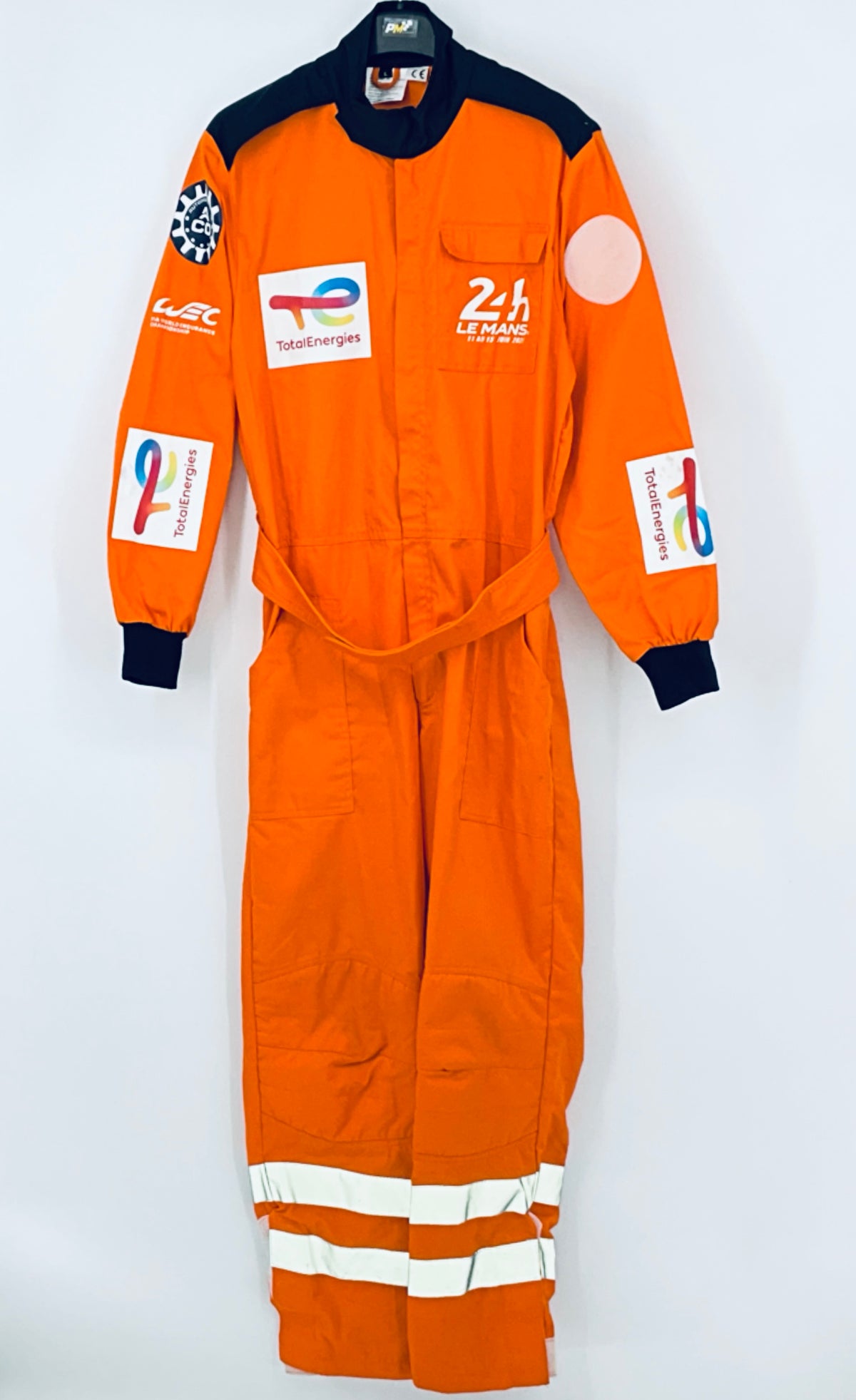 Orange race marshals overalls, navy cuffs, front logos, and reflective stripe trouser hem