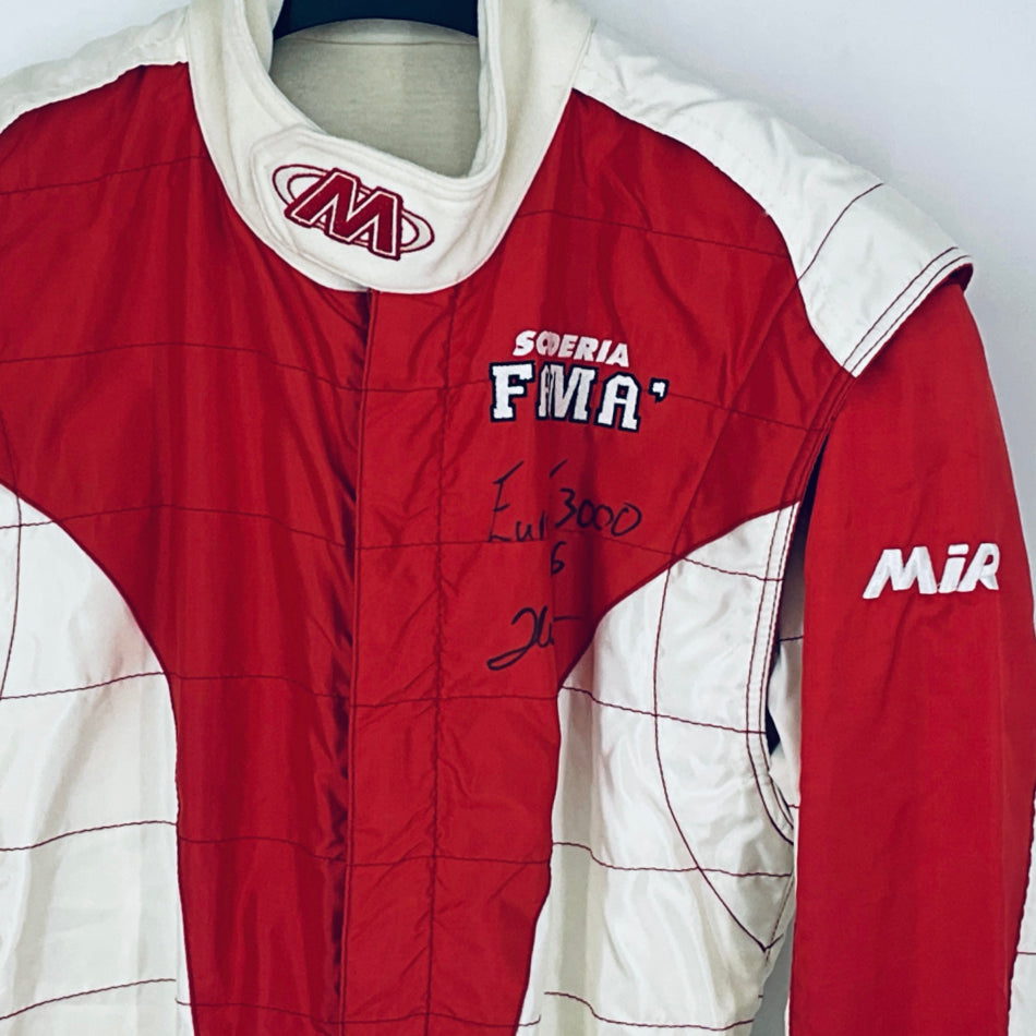Red and white racing driver suit with collar patch and stitched team logo