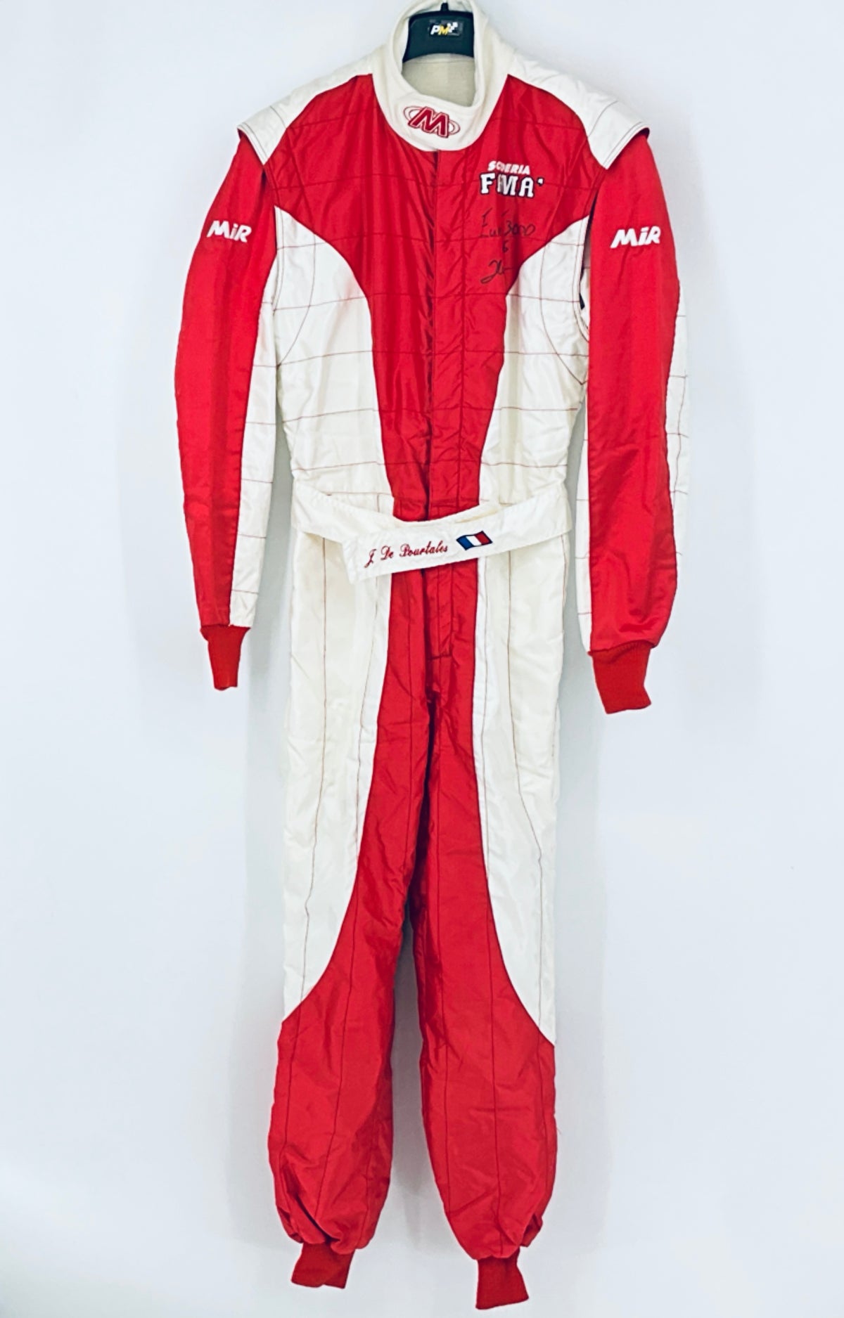Red and white racing driver suit with full-length zip and long sleeves