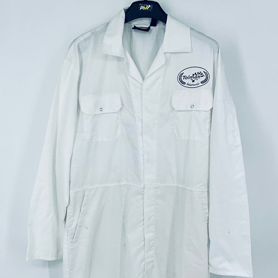 White button-front overalls with chest patch logo and two front pockets