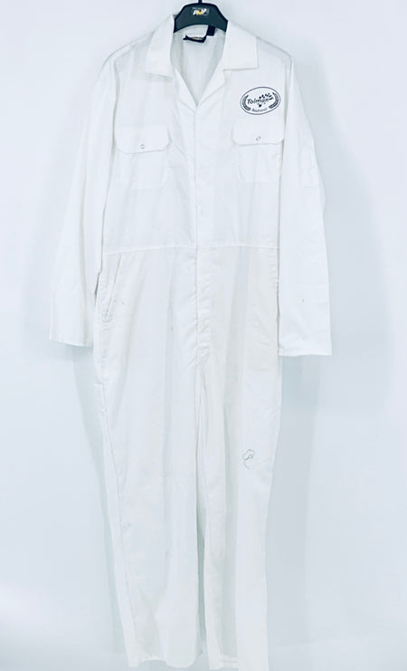White one-piece racing overalls with chest pockets and button front