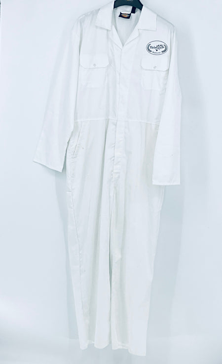 White racing overalls with chest logo patch and long straight legs