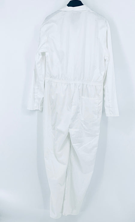 White overalls back view with elastic waist and long sleeves