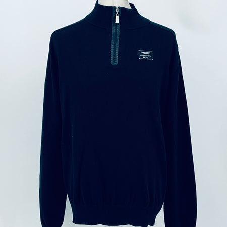 Navy quarter-zip jumper with zip neck and front crest patch