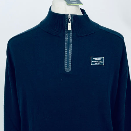 Navy quarter-zip jumper with ribbed collar and Aston Martin Racing logo patch