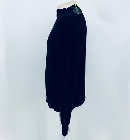 Navy quarter-zip jumper back view with ribbed collar and long sleeves
