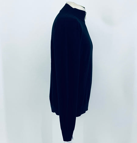 Navy quarter-zip jumper side profile with long sleeves and straight hem