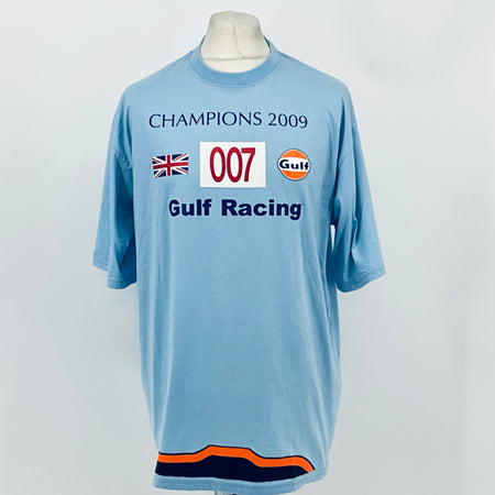 Light blue racing T-shirt with Champions 2009, Gulf Racing, and 007 logo
