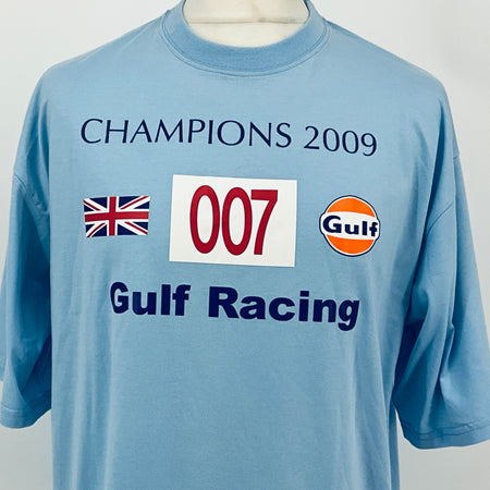 Light blue T-shirt front: Champions 2009, UK flag, 007, Gulf Racing logo