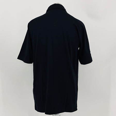 Black polo shirt back view with short sleeves and buttoned collar