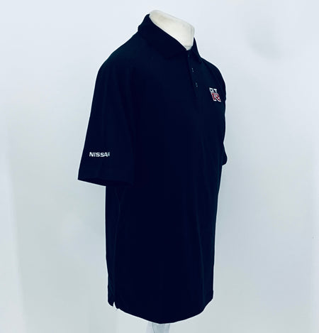 Black polo shirt with GT-R chest emblem, button collar, Nissan logo on sleeve