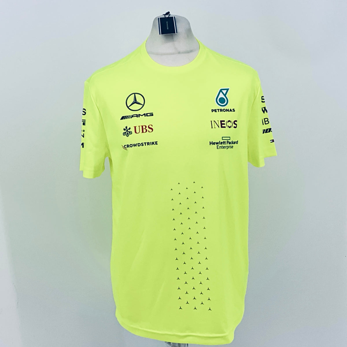Hi-vis neon yellow T-shirt with AMGs, Petronas, INEOS, UBS sponsor logos on front