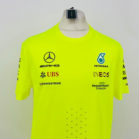 Neon yellow hi-vis T-shirt front view with multiple F1 team sponsor logos and sleeve prints