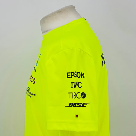 Neon yellow hi-vis T-shirt back side view with EPN, IWC, TIBO and BOSE sponsor text