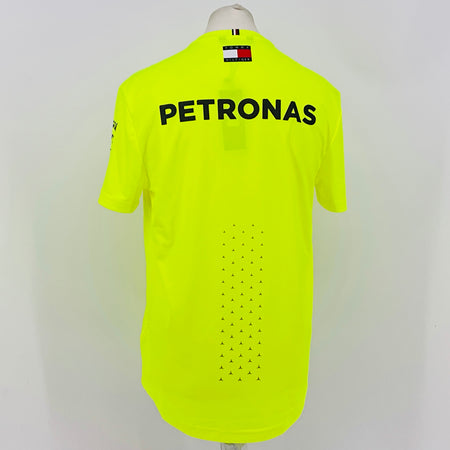 Neon yellow hi-vis T-shirt back view with large PETRONAS logo and dotted pattern