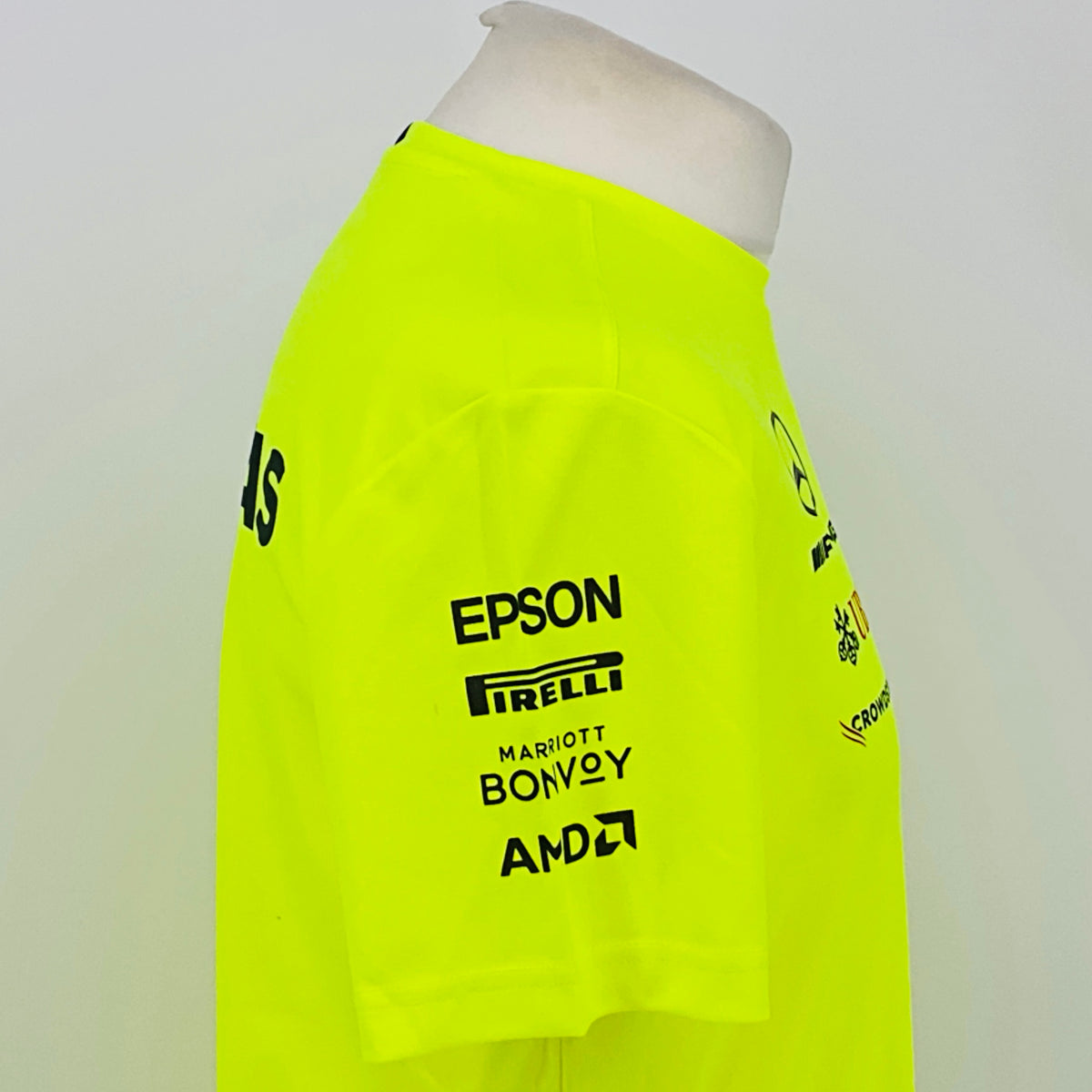 Neon yellow hi-vis T-shirt back side view with EPSON IRELLI and other sponsor logos