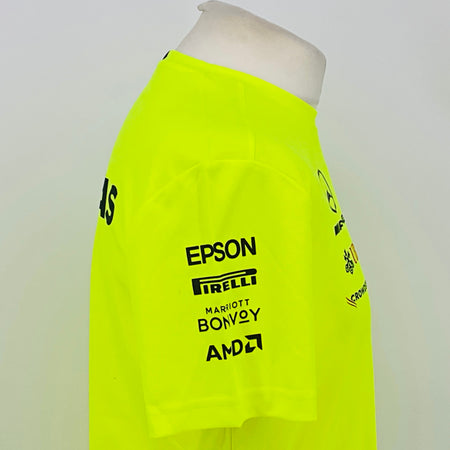 Neon yellow hi-vis T-shirt back side view with EPSON IRELLI and other sponsor logos