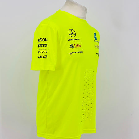 Neon yellow hi-vis T-shirt front side view with AMGs, UBS, and INEOS sponsor logos
