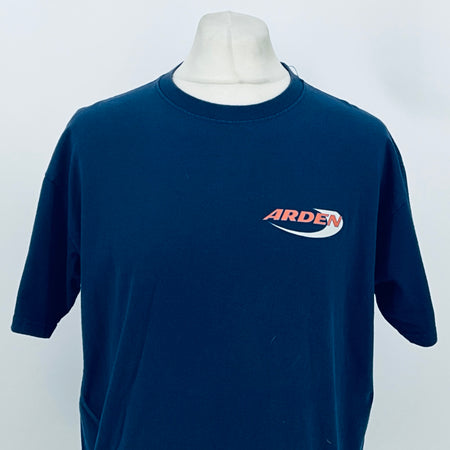 Blue crew-neck T-shirt with Arden logo at center chest.