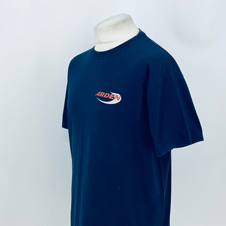 Blue crew-neck T-shirt with Arden logo, short sleeves, side view.