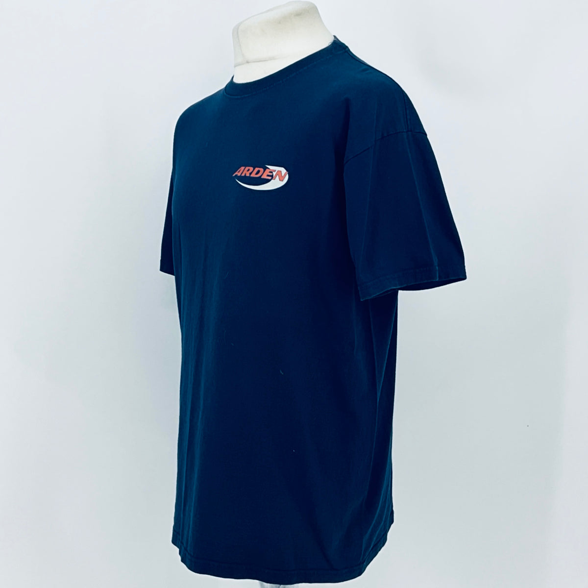 Blue crew-neck team T-shirt with Arden logo, right-side view on mannequin.