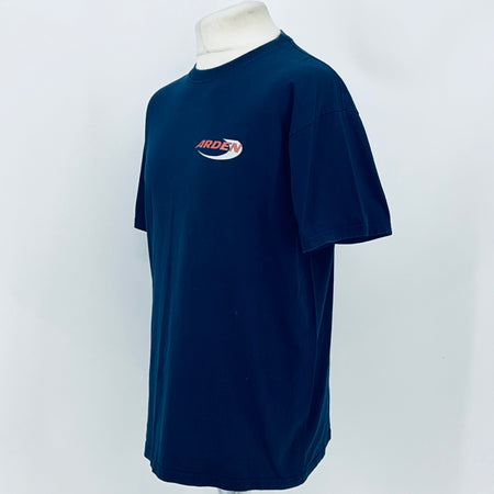 Blue crew-neck team T-shirt with Arden logo, right-side view on mannequin.