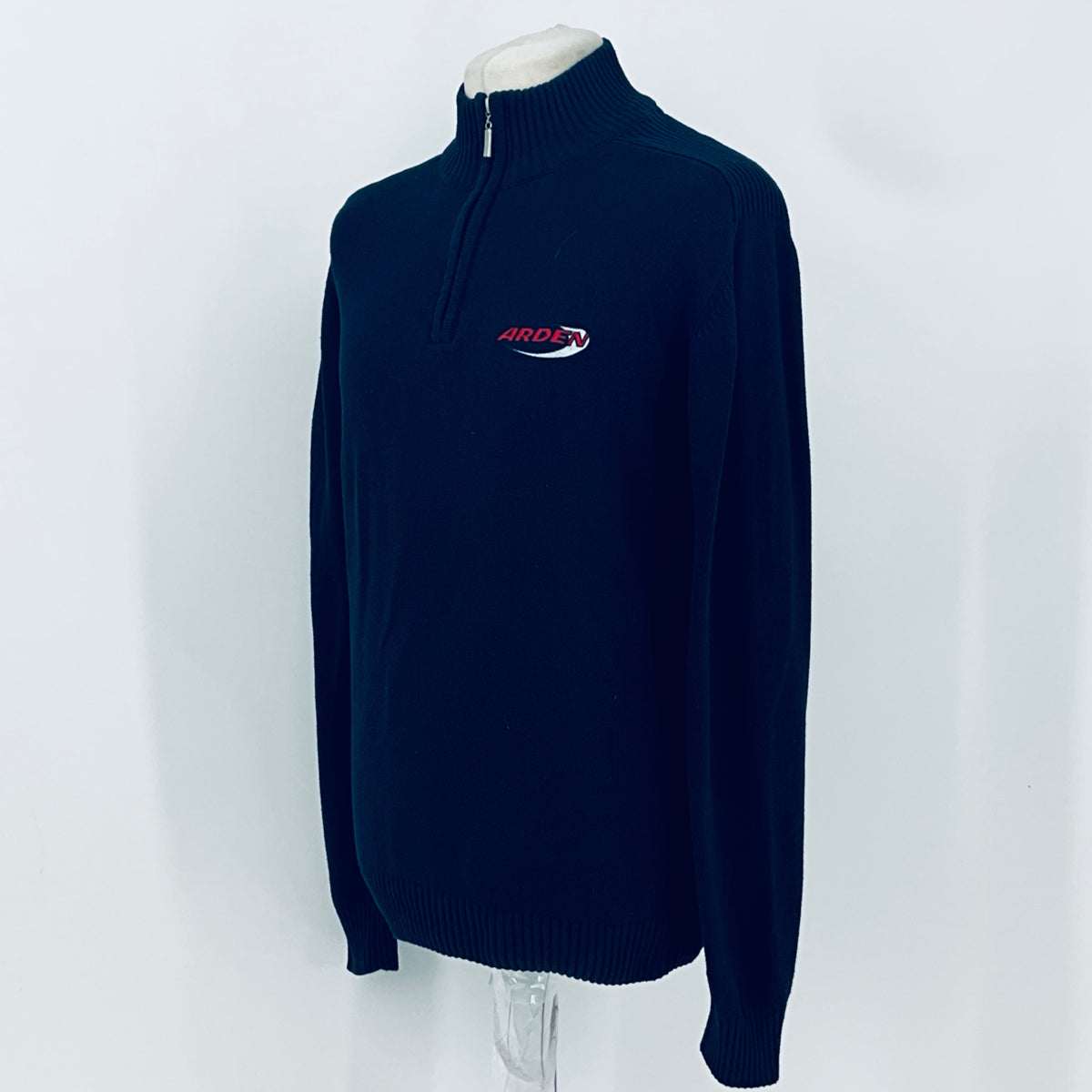 Arden Motorsport dark quarter-zip knit jumper, back view with chest logo