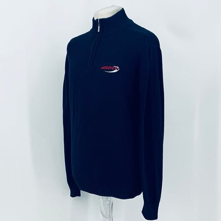 Arden Motorsport dark quarter-zip knit jumper, back view with chest logo