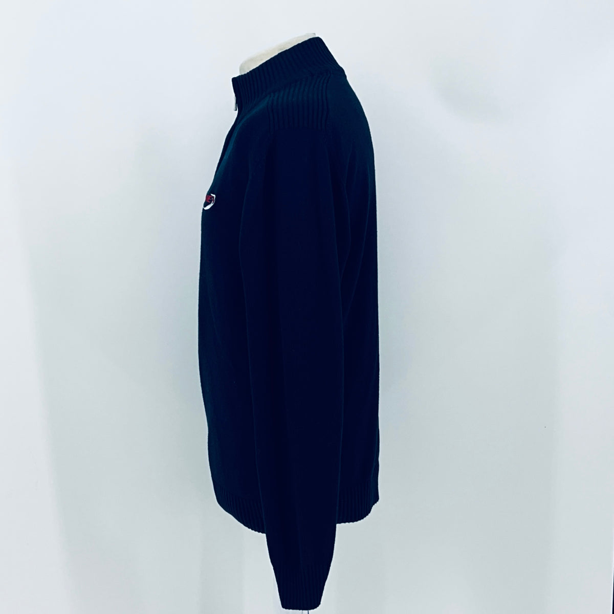 Arden Motorsport dark quarter-zip knit jumper, side view with ribbed cuffs