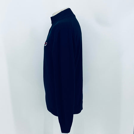 Arden Motorsport dark quarter-zip knit jumper, side view with ribbed cuffs