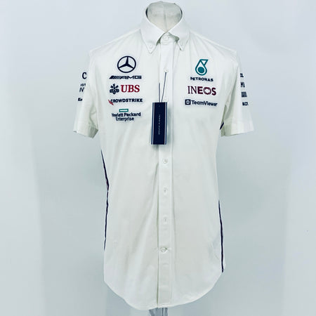White short-sleeve team shirt with button front; Mercedes-AMG, UBS, INEOS and Petronas logos