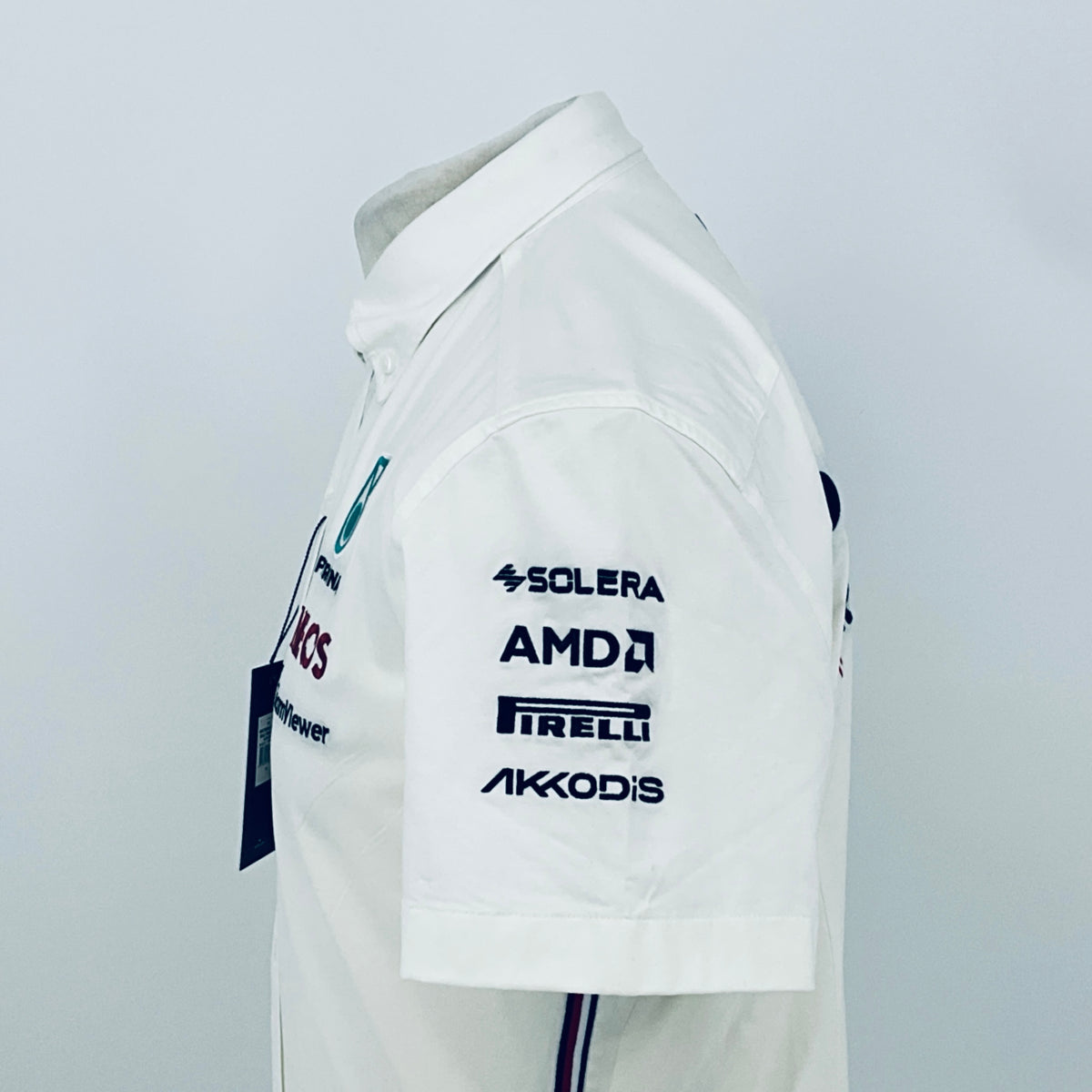 White team shirt side view with SOLERA, AMDA, PIRELLI and AKKODi logos on the sleeve