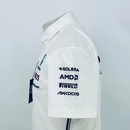 White team shirt side view with SOLERA, AMDA, PIRELLI and AKKODi logos on the sleeve