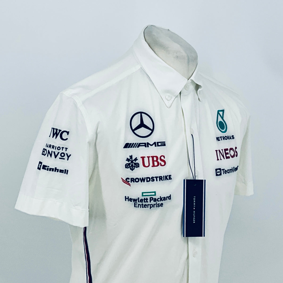 Tommy Hilfiger team shirt, white button-front with collar and sponsor logos