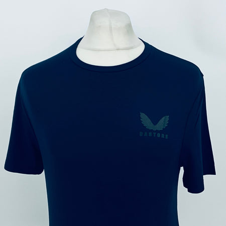 Men's navy Castore base layer T-shirt, front view with chest logo