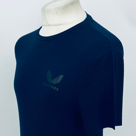 Men's navy Castore base layer T-shirt, side view with chest logo