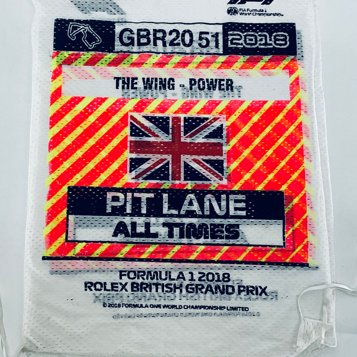 White tabard front view with “GBR2051 2018” badge and Union Jack artwork